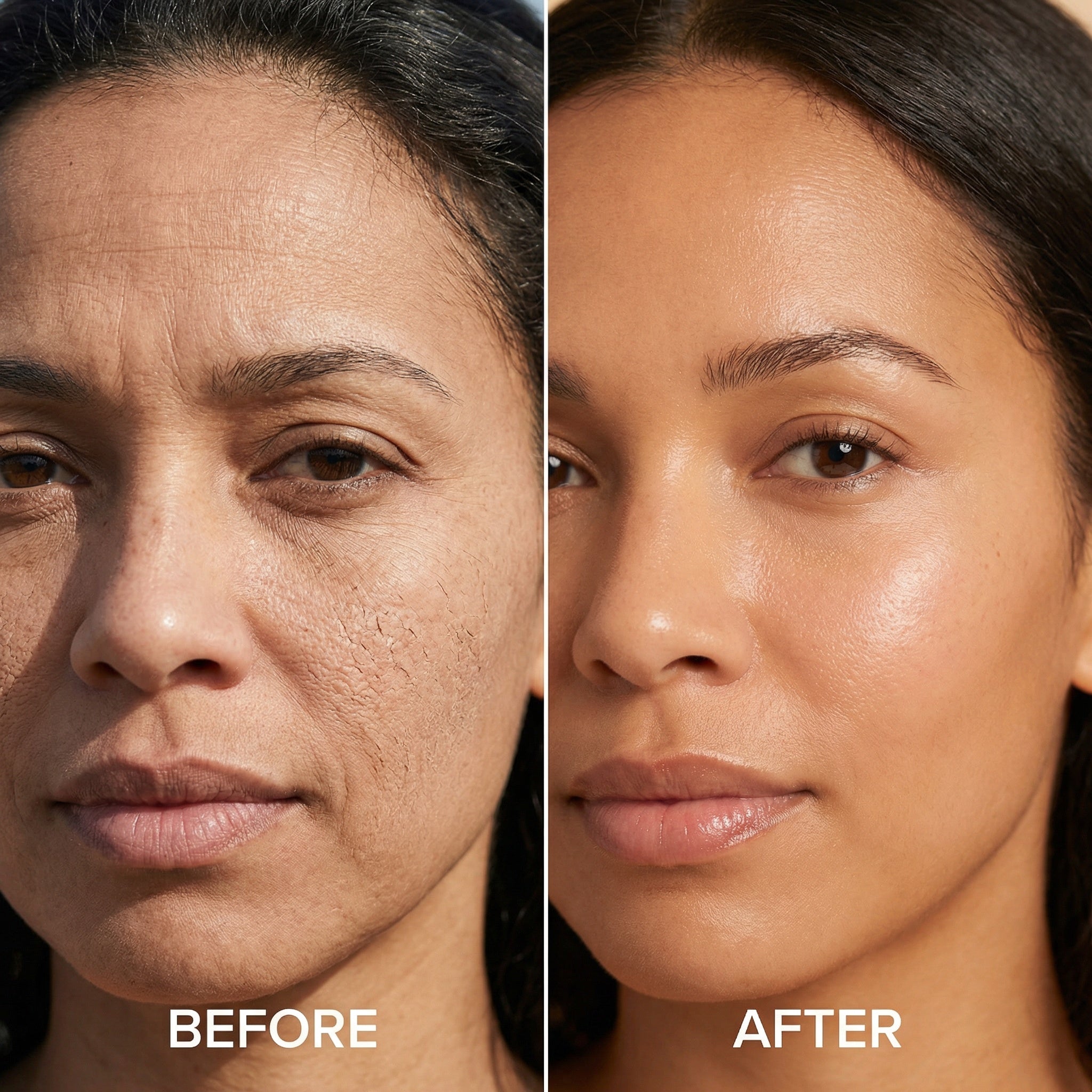 Rough, dry texture → smoother, hydrated, radiant skin.