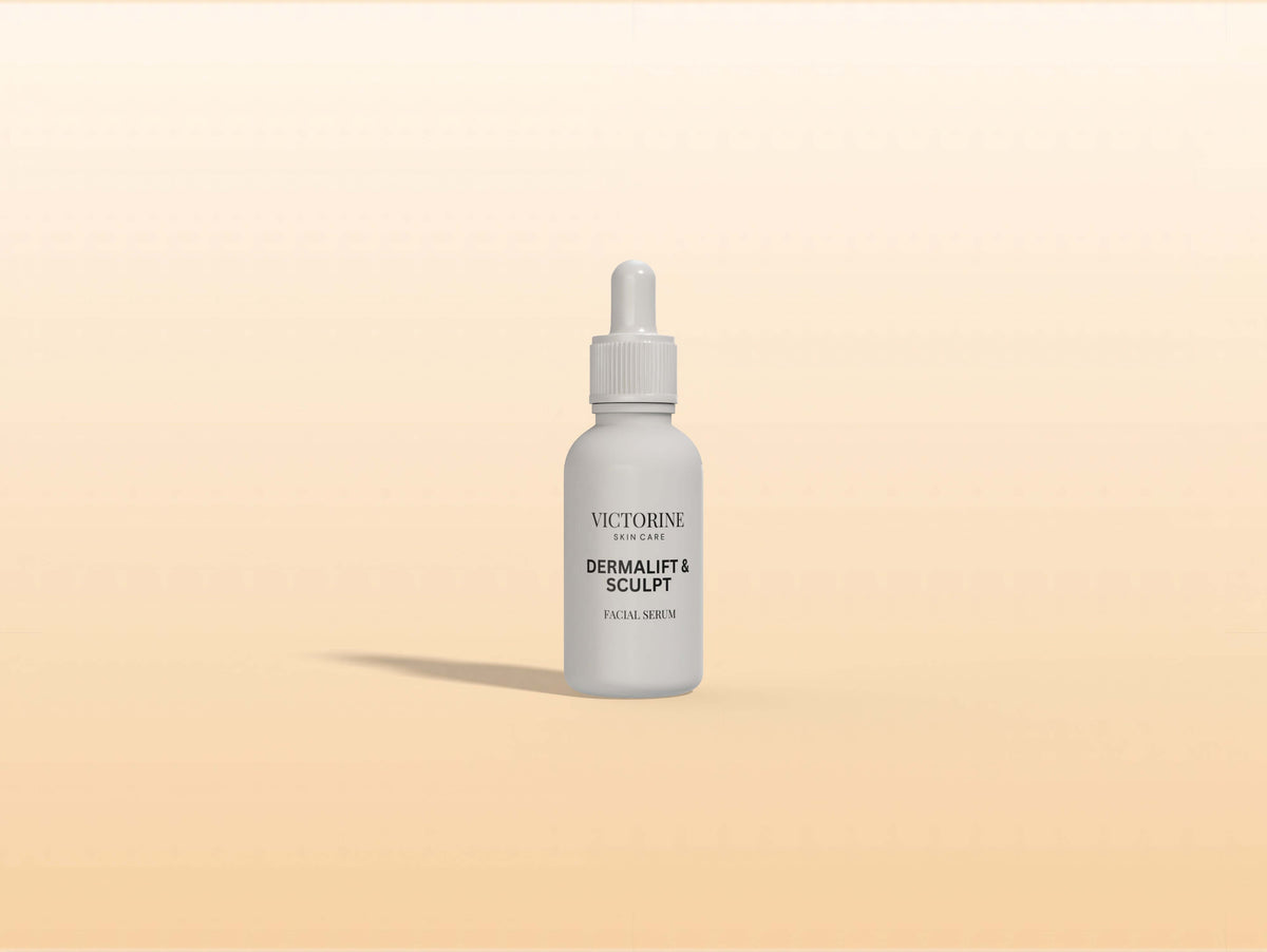 Derma Lift & Sculpt Face Serum in a sleek bottle on a soft beige background.