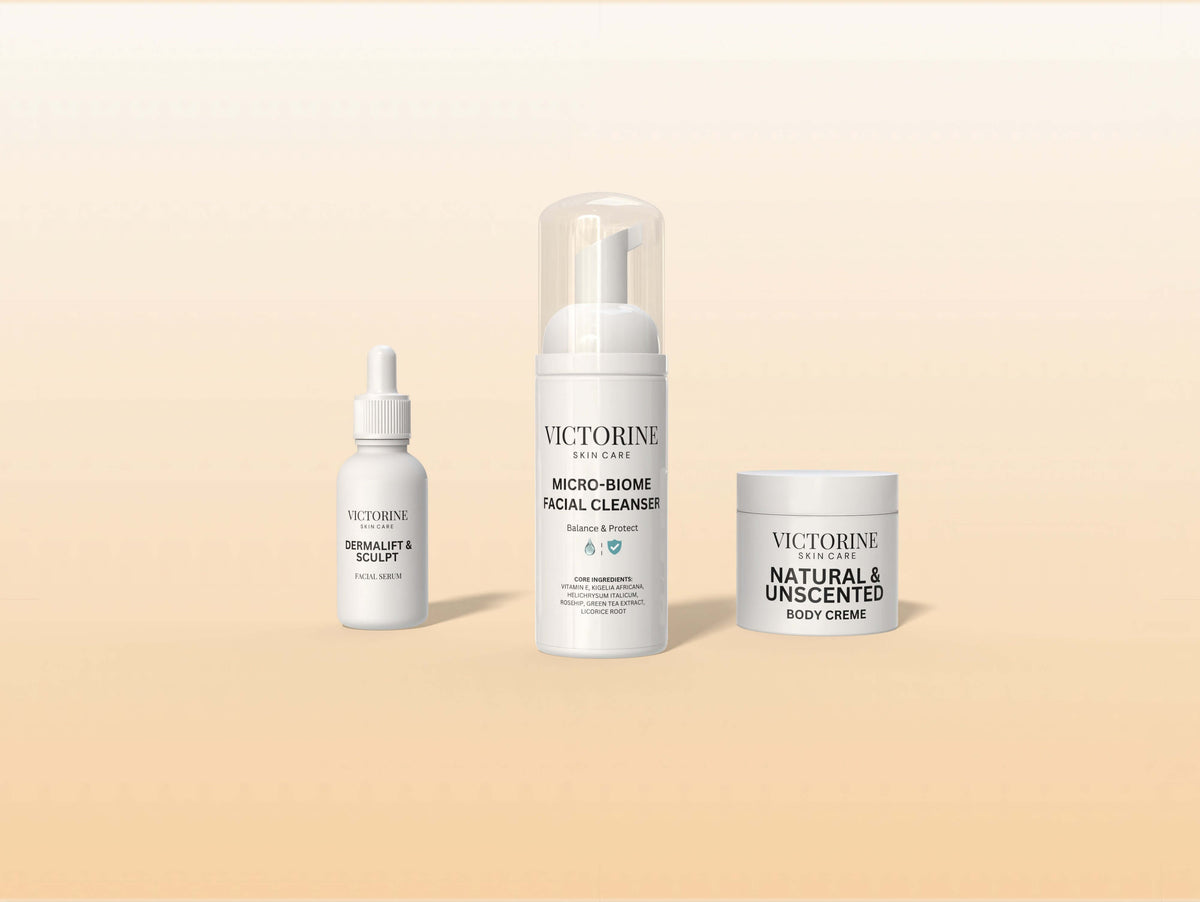 Daily Essentials Bundle featuring facial cleanser, serum, and body creme.